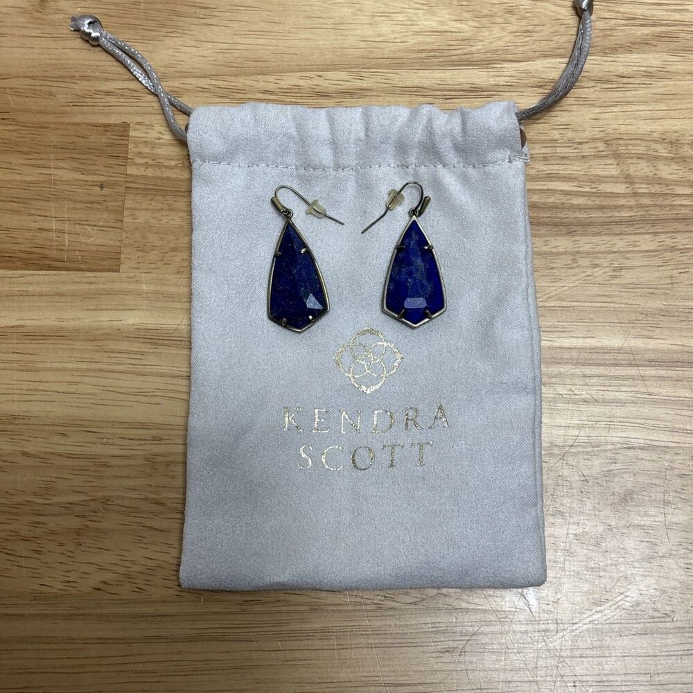 Kendra Scott Carla Blue Lapis Antique Brass Drop Dangle Earrings Original Pouch